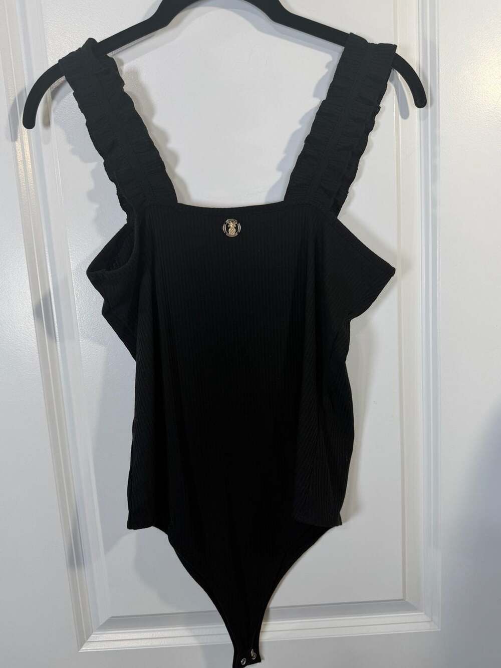 Simply Southern Black Ribbed Ruffle Strap Bodysuit with Pineapple Detail Size L